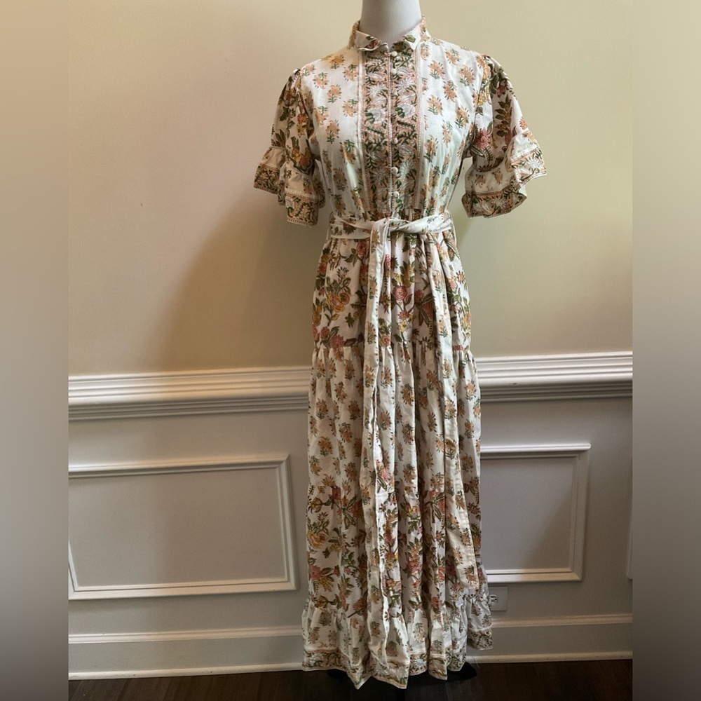 Sue Sartor Cottagecore Hamilton Kaftan Floral Sherbet Triple Tiered Dress Size S